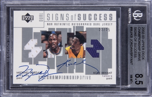 2002-03 Upper Deck Championship Drive "Signs of Success" #MJ/KB Michael Jordan & Kobe Bryant Dual Signed Jersey Swatch Card (#23/25) - BGS NM-MT+ 8.5 - Jordans Jersey Number!